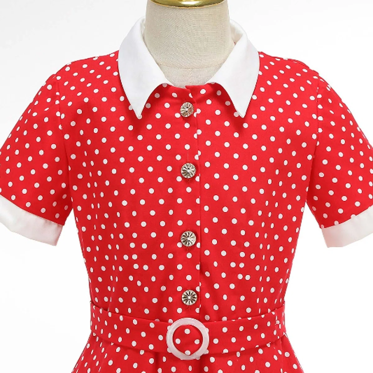 Vestido ajustado de estilo costero con cuello redondo y estampado de lunares, sin tirantes y con abertura frontal, ideal para niñas de 5 a 12 años, de punto piqué, cintura elástica y fácil de lavar