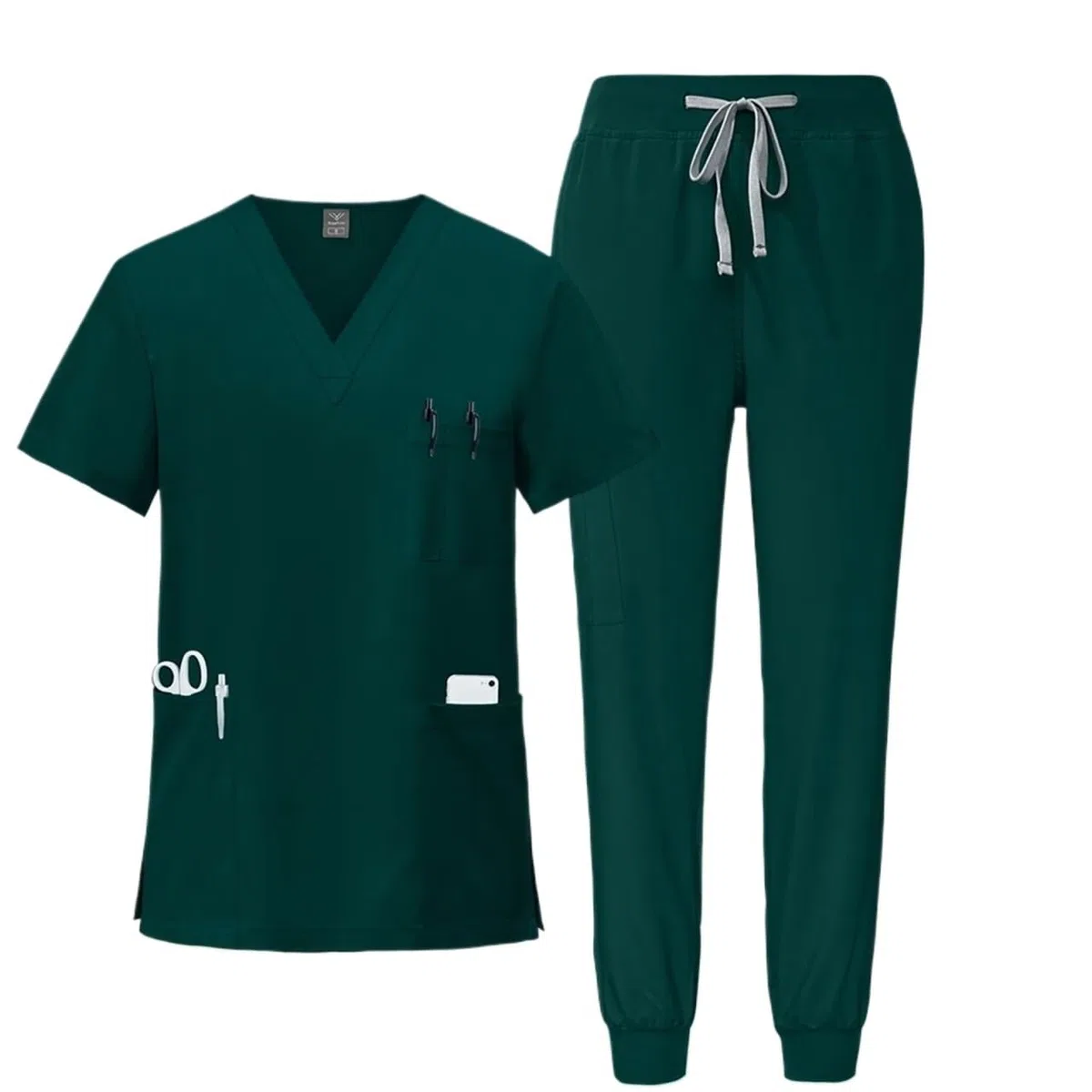 Uniforme Sanitario Unisex Uniformes médicos, Ropa de Trabajo enfermería, Camiseta con Cuello en V y Bolsillo, Pantalones Deportivos, Conjunto Uniforme quirúrgico clínico(Dark Green,L)