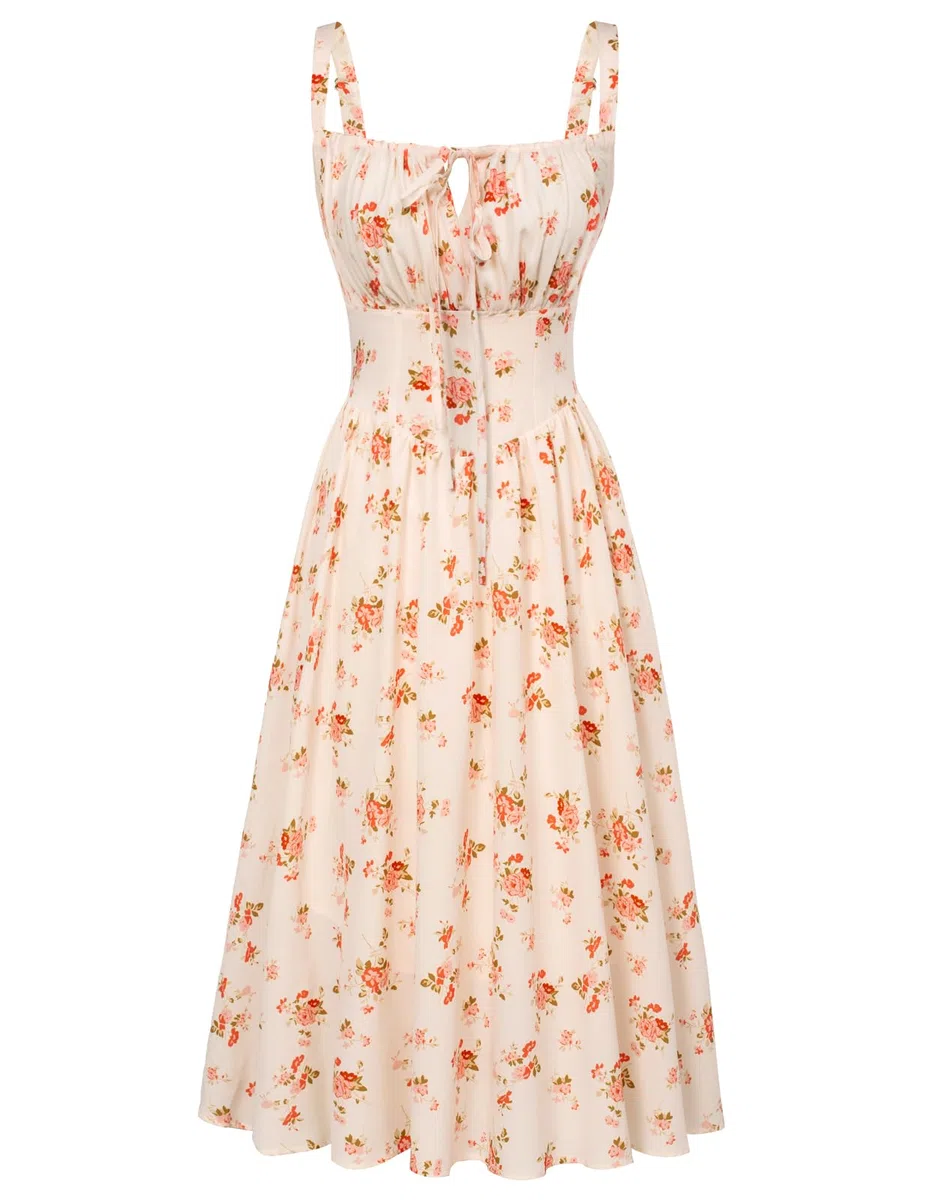 SCARLET DARKNESS Vestido Floral Victoriano con corsé y Tirantes Finos Medievales para Mujer
