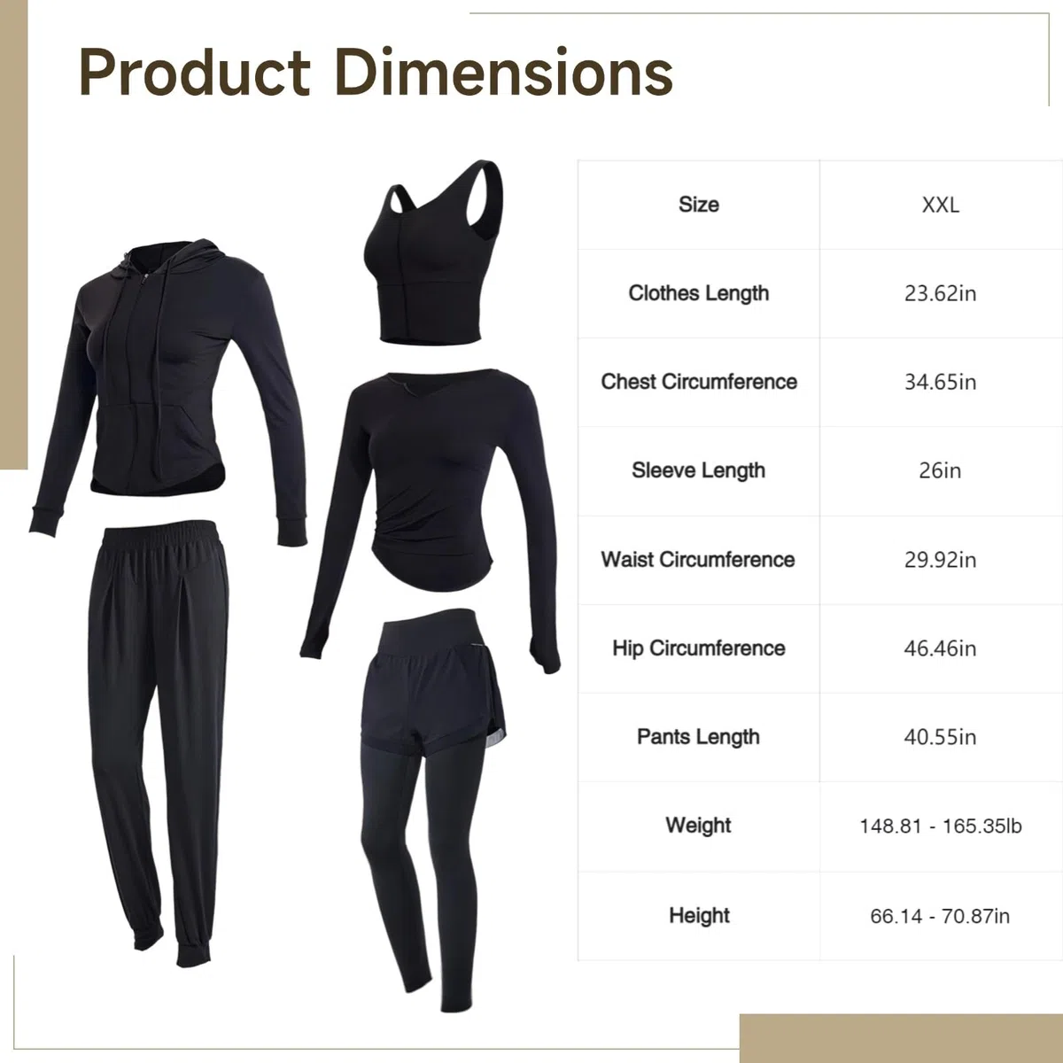 Conjunto de ropa deportiva de 5 piezas para mujer con camiseta de manga larga, tela elástica transpirable para 5 pies a 5 pies 11 pulgadas, rango de peso de 175 a 332 libras, Negro -, XX-Large