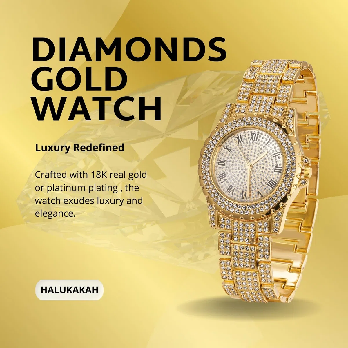 HALUKAKAH Reloj de Oro con Diamantes para Niños,Adolescentes - Chapado en Oro 18K/Platino,Esfera Redondo 39mm,Cuarzo Japonés - Longitud 19cm - Opcional con Cadena Cubana,Herramienta de Ajuste Incluye