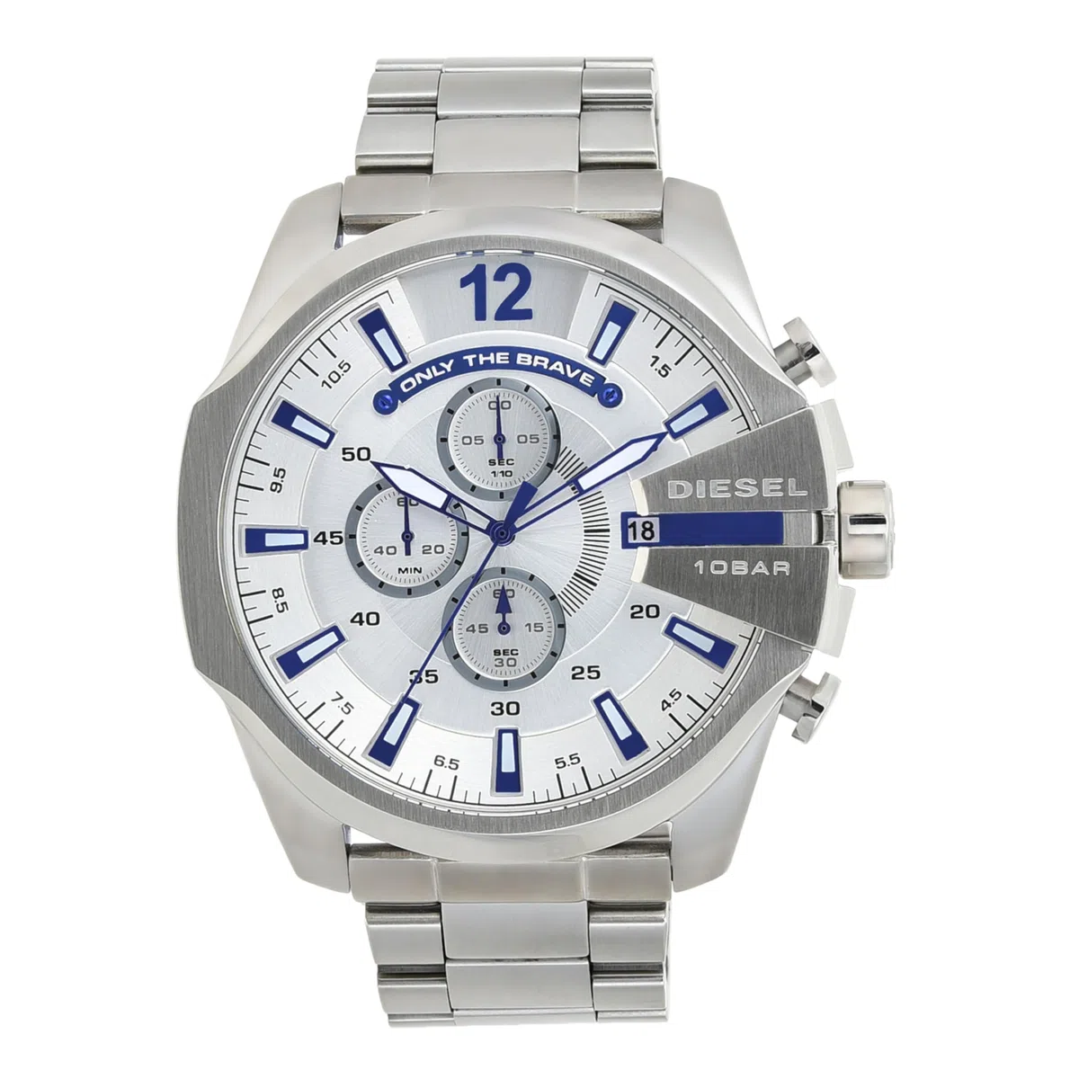 Diesel Reloj para hombre Mega Chief, movimiento cronógrafo de cuarzo, caja de acero inoxidable plateado de 59 mm con correa de acero inoxidable, DZ4308