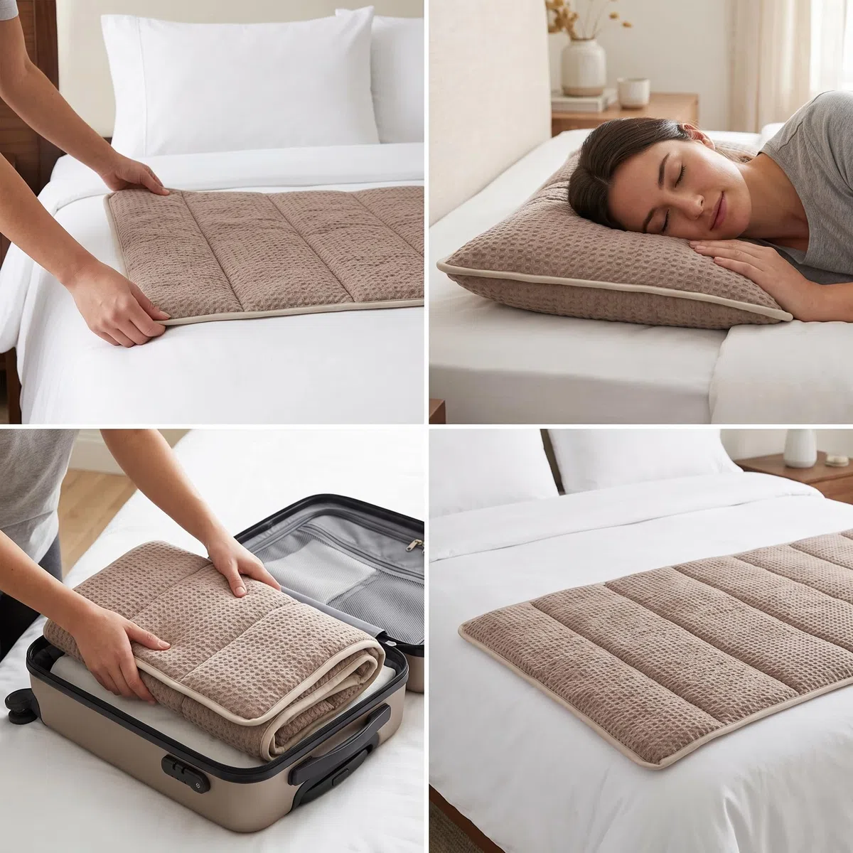 Almohada Viaje Plegable Algodón Ajustable para Avión y Coche, Marrón