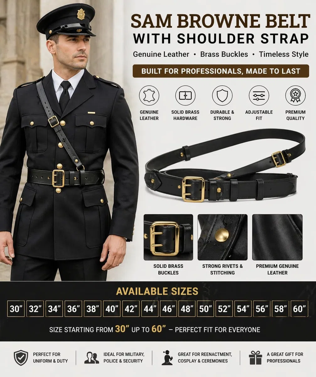 Cinturón de cuero negro Sam Browne con correa para el hombro, cinturón de cuero genuino estilo policía y militar, cinturón ajustable con hebillas de latón dorado macizo para uniformes, ceremonias y