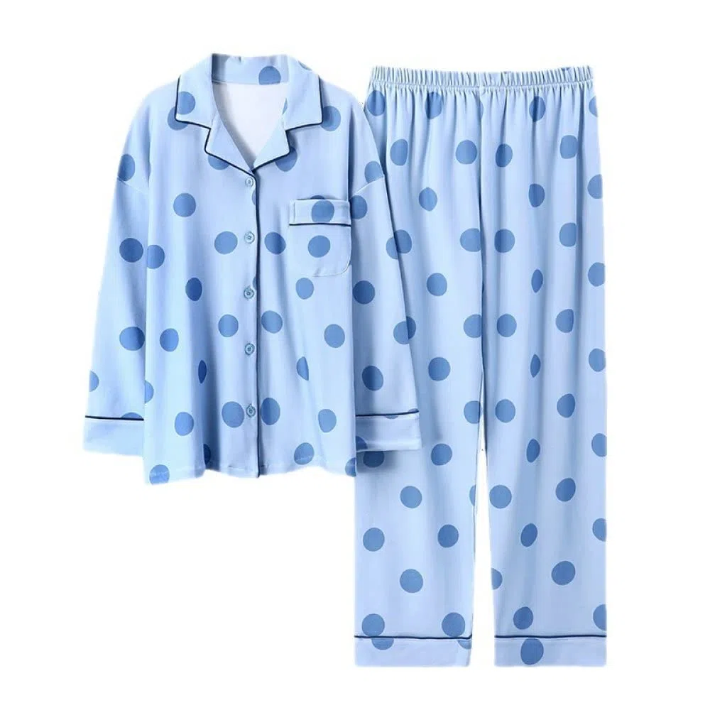 Pijamas Mujer Invierno,Conjuntos De Pijamas para Mujer Estampado De Lunares con Solapa De Algodón Azul Claro con Bolsillo Pijama De Manga Larga Cálido Y Acogedor Clásico Top & Amp; Conjunto De Pa