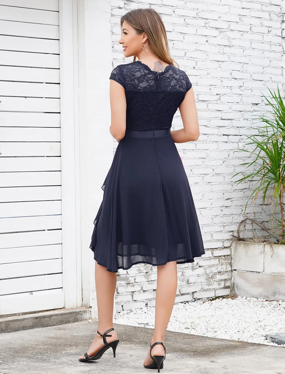 Odizli Vestido de cóctel para mujer, elegante, manga corta, encaje, volantes, gasa, festivo, boda, vestido de noche