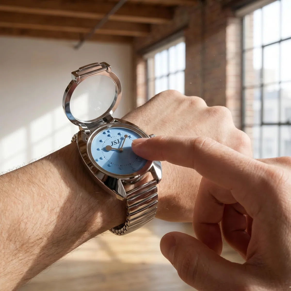 Reloj De Pulsera Braille para Invidentes o Personas Mayores Azul Dial, Banda Expandible Acero