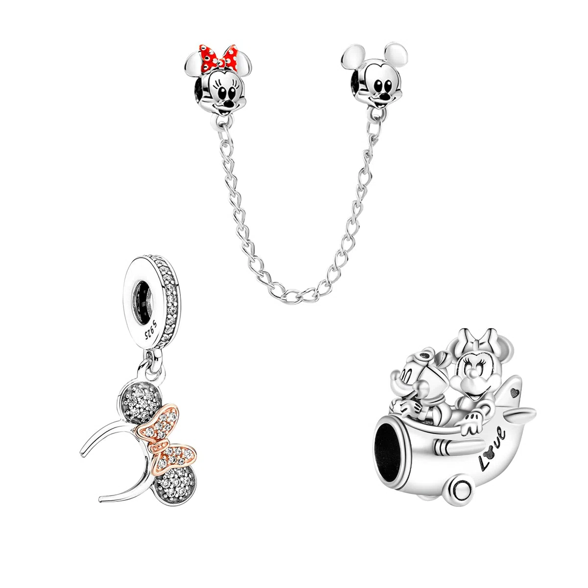 Doyafer 925 colgante de encanto de pulsera de plata esterlina, juego de tres piezas de cadena de Seguridad de cuentas de ratón