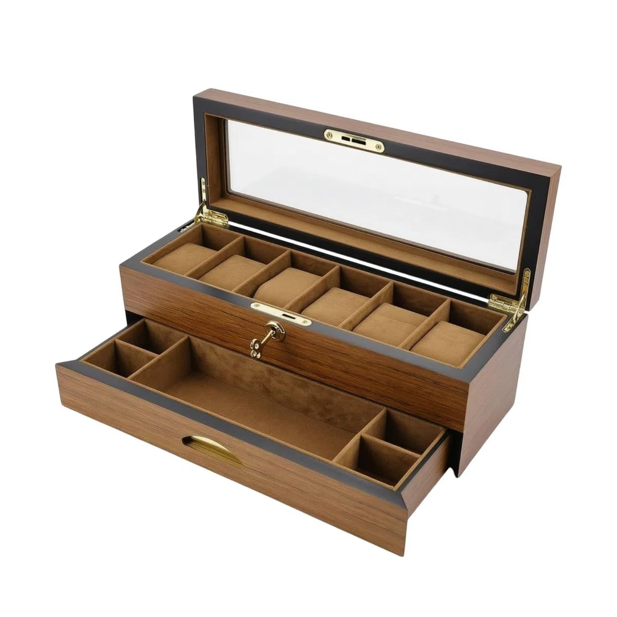 rockible Organizador Relojes con Tapa Cristal Organizado Joyero con Cierre Caja Almacenamiento Joyas para Coleccionistas, Tocador, Caja De 6 Relojes De Doble Capa Con Cajón, Acabado En Teca