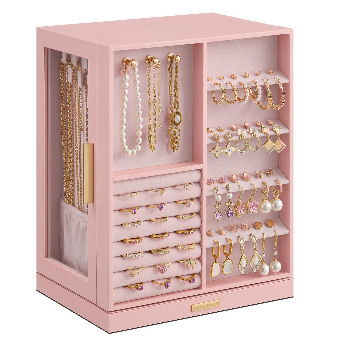 SONGMICS Caja Joyero Giratorio 360°, Caja de Joyas con 5 Cajones, Ventanas Laterales de Cristal, Gran Capacidad, Almacenamiento Vertical, Diseño Abierto, Idea de Regalo, Rosa Jalea JBC170R01