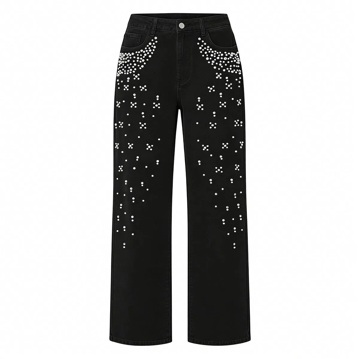 Pantalones Vaqueros De Mujer con Perlas Y Pedrería, Estilo Y2k; Corte Recto Y Ancho De Tiro Alto, Estilo Boyfriend Holgado, Casual Y De Tendencia.