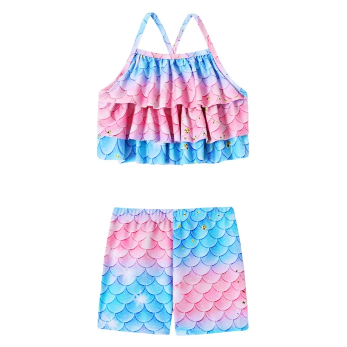 Traje de baño de sirena de 3 piezas para niñas, traje de baño tankini con cola de pez arco iris corta (4-10 años), Rosa., 5-6 años
