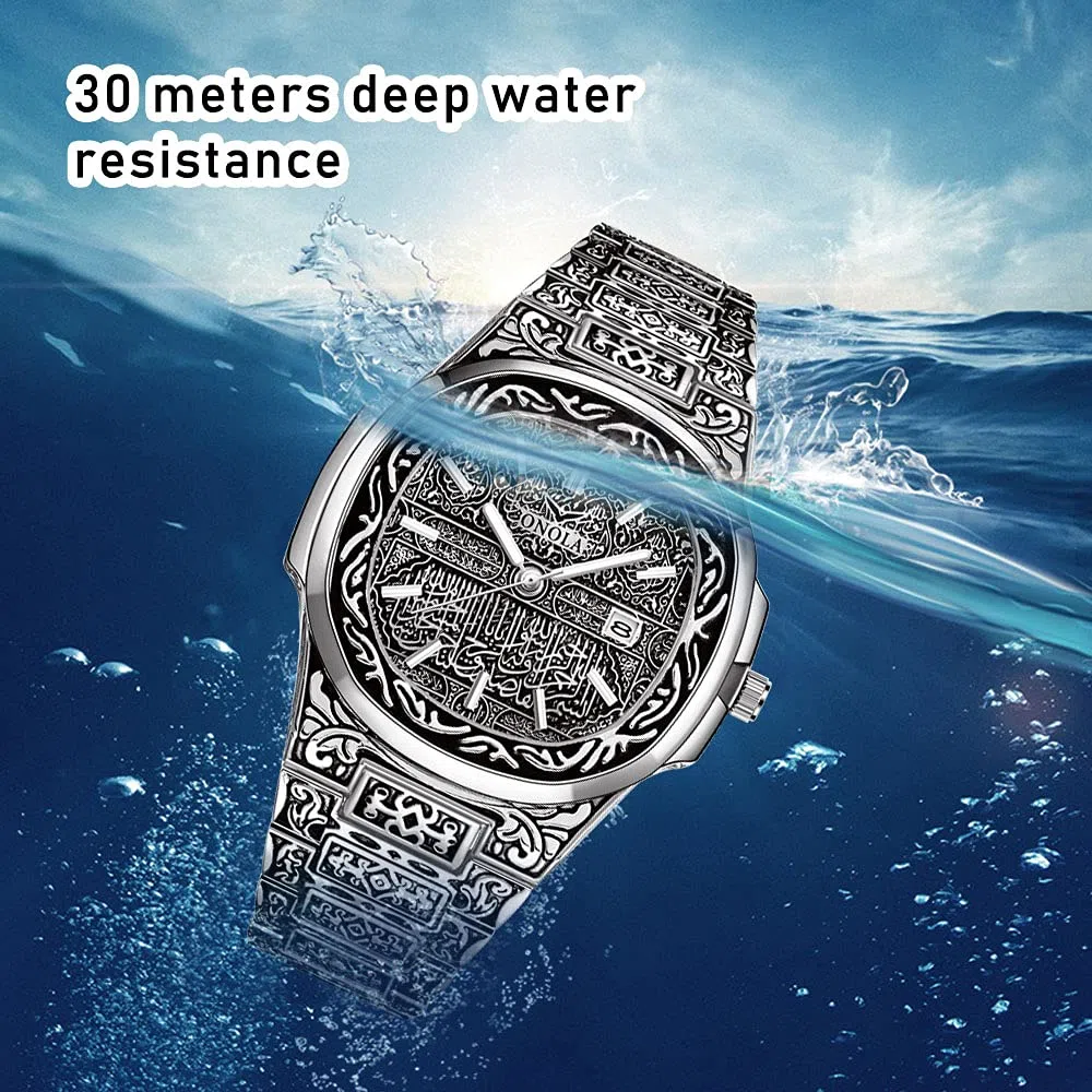 Relojes de cuarzo retro de los hombres con patrón de tatuaje tallado pulsera de acero inoxidable calendario impermeable reloj de pulsera