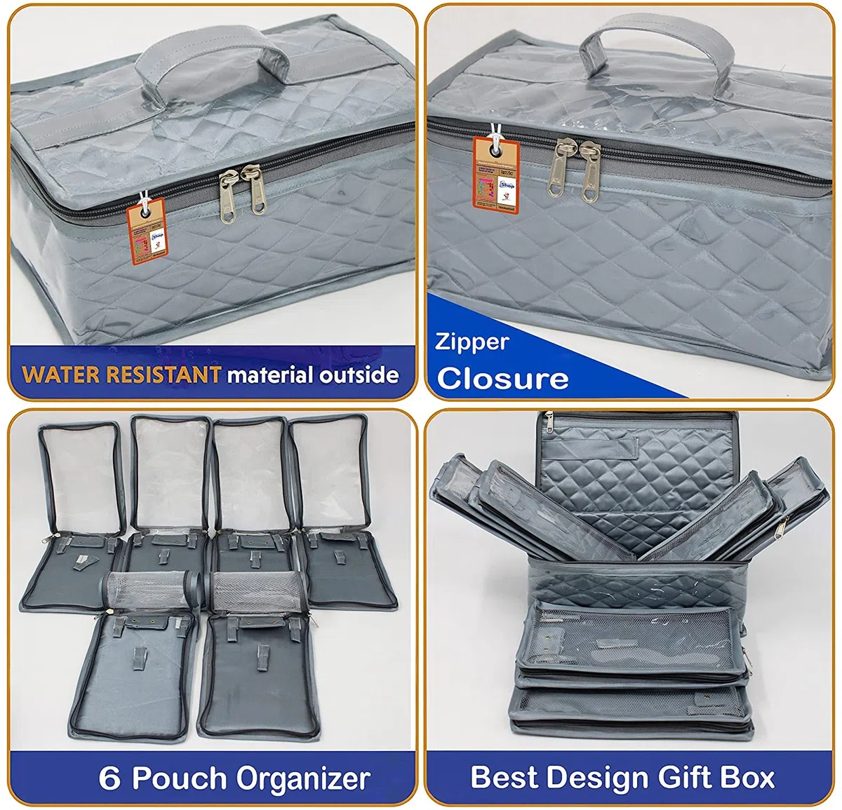 atorakushon Kit de maquillaje de satén, Organizador de Almacenaje de Joyas de Viaje, Bolsa de Mano para Collares, Aretes, Anillos y Pulseras, Color Gris
