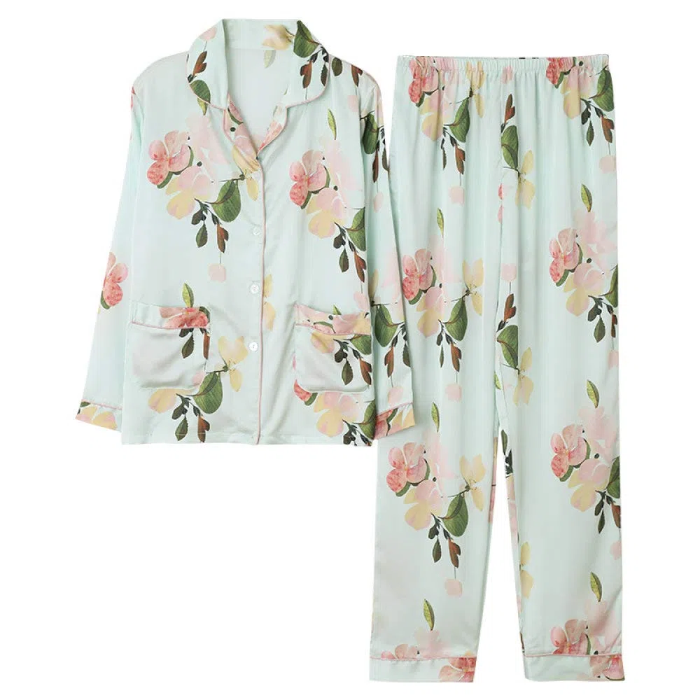 Pijama De Satén para Mujer,Conjunto De Pijama De Satén De Seda,Camisa Y Pantalones De Manga Larga con Bolsillos,Estampado con Botones,Ropa De Dormir Dulce,Ropa De Dormir