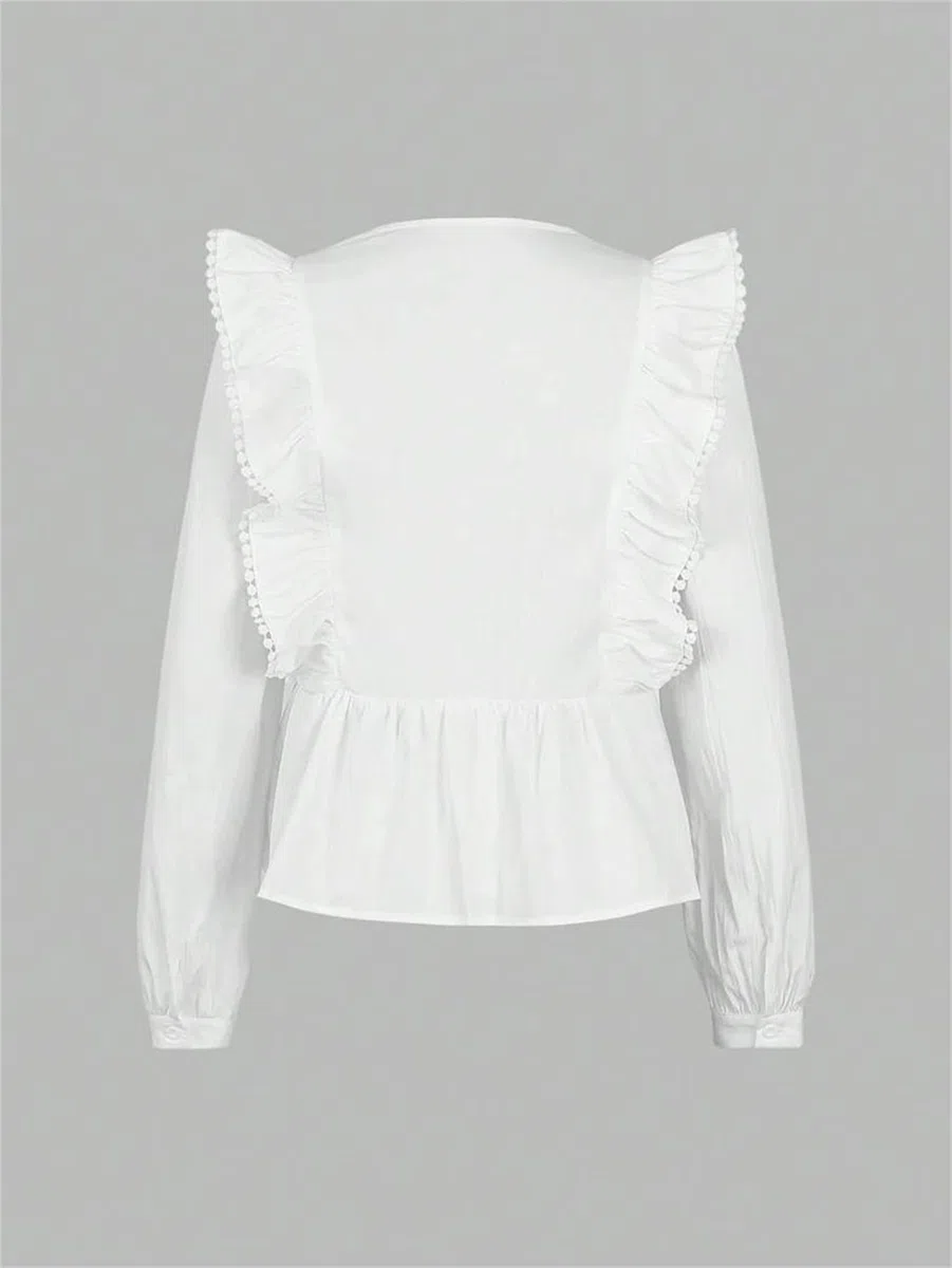 Genérico Blusa de Gasa con Cuello en V y Volantes de Manga Larga con Encaje y Patchwork para Mujer, Elegante Blusa de Oficina (Color Burdeos Mediano)