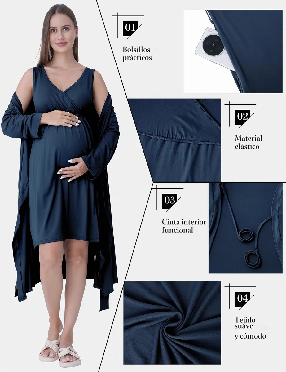 SUNNYBUY Camisón de maternidad y lactancia con bata, 2 piezas, juego de vestido de noche 3 en 1 para el parto, el parto y la lactancia, ropa de dormir hospital, azul marino, S