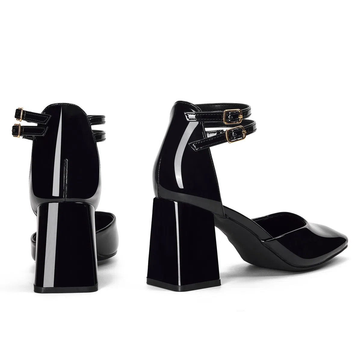 GENSHUO Zapatos de Tacón Grueso para Mujer, Doble Correa al Tobillo, Punta Cuadrada, Tacones Elegantes y Cómodos para Vestimenta Formal