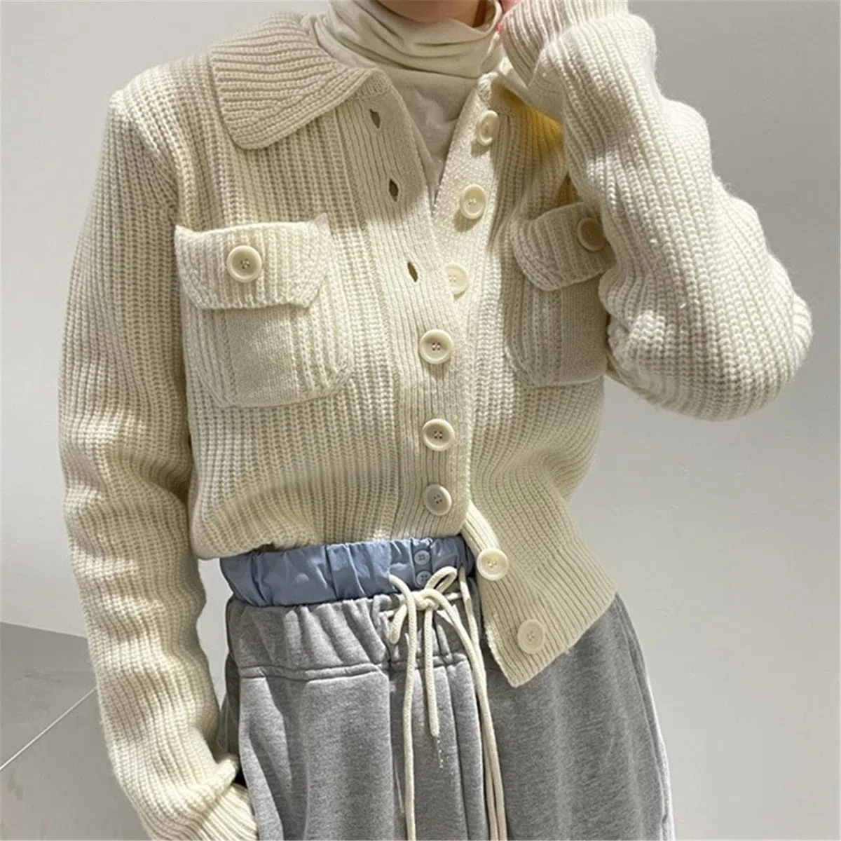 Otoño Invierno De Punto Cardigan Chic Doble Bolsillos Suéter Abrigo Slim Cintura Elegante Chaqueta De Punto, azul, Talla única