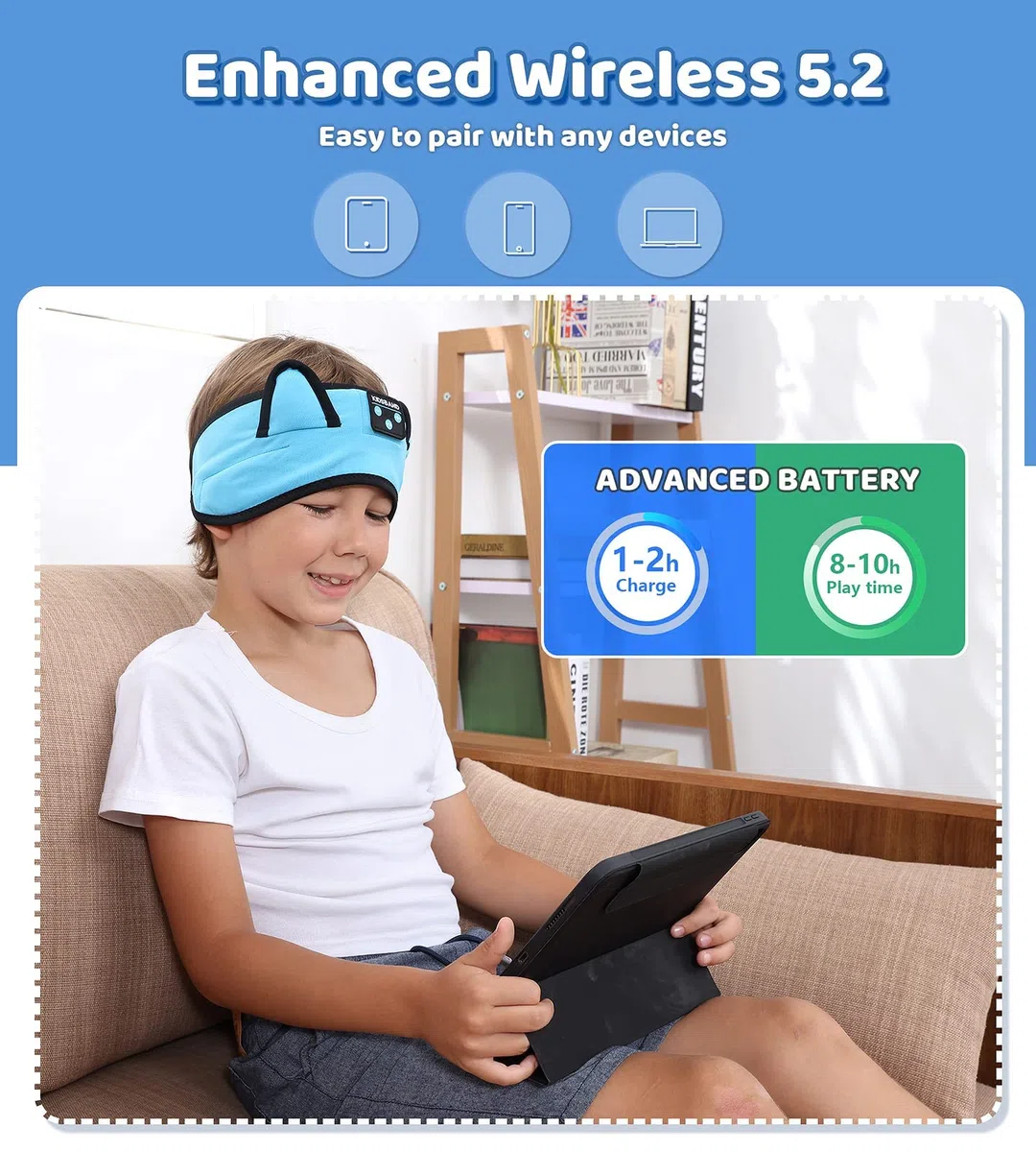 KIDSBAND Auriculares Bluetooth para niños con Diadema Ajustable, Auriculares inalámbricos para Dormir para niños con reproducción con Cable Jack de 3,5 mm para Adolescentes, niños, niñas