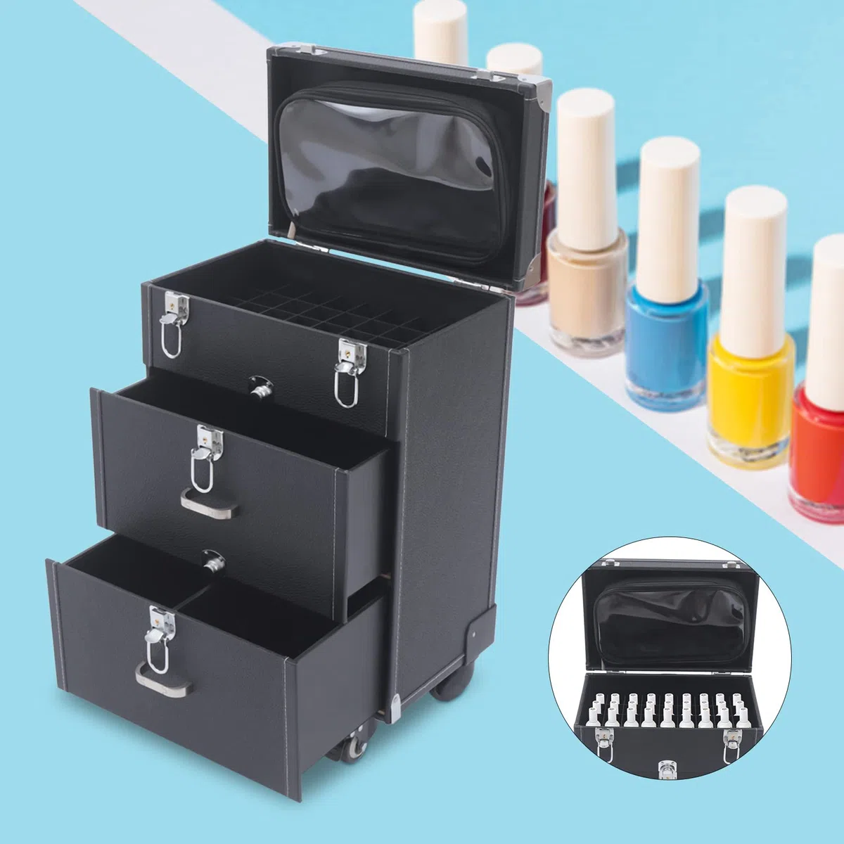 Carro de maquillaje, maletín con ruedas, organizador de esmalte de uñas, joyas de viaje, maletín de viaje cosmético con 4 ruedas, 03 piel sintética, maletín de maquillaje, adecuado para viajes