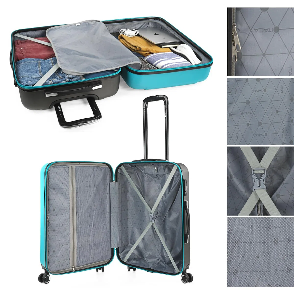 ITACA - Maleta Mediana con 4 Ruedas Giratorias para Viajes Largos Tipo Trolley Ideal como Maletas de Viaje Grandes 23 Kilos y Maleta Viaje Mediana Resistentes, Turquesa-Antracita