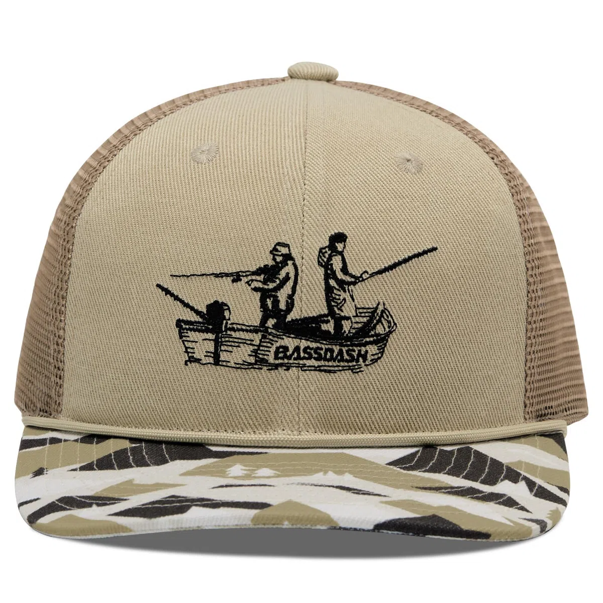 BASSDASH Gorra de béisbol bordada ajustable con cuerda de camuflaje, parte trasera de malla, para caza, pesca con mosca, camping