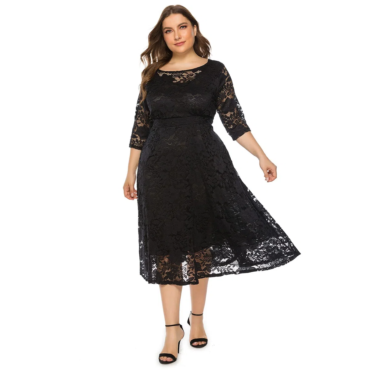 Odizli Vestido elegante de encaje para mujer, manga 3/4, vestido de noche, tallas grandes
