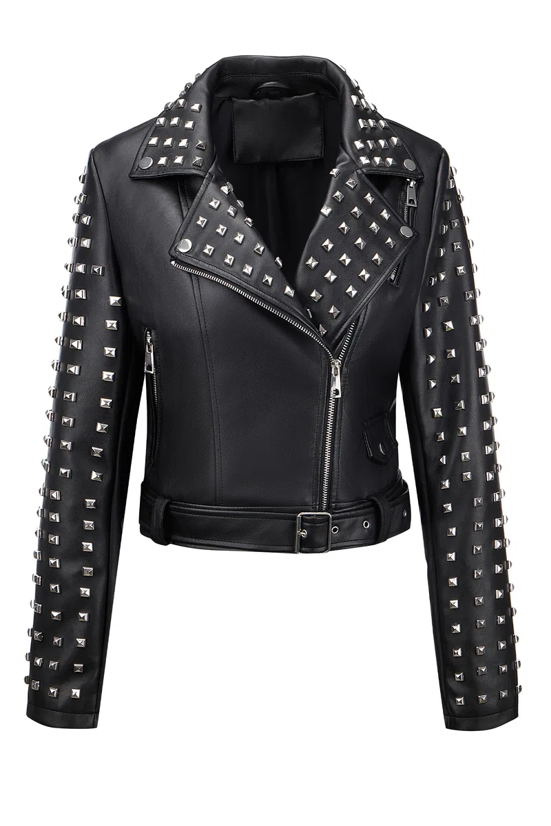 Giolshon Mujer Chaqueta de cuero sintético Remache tachonado Moto Floral Biker Abrigo de solapa corta