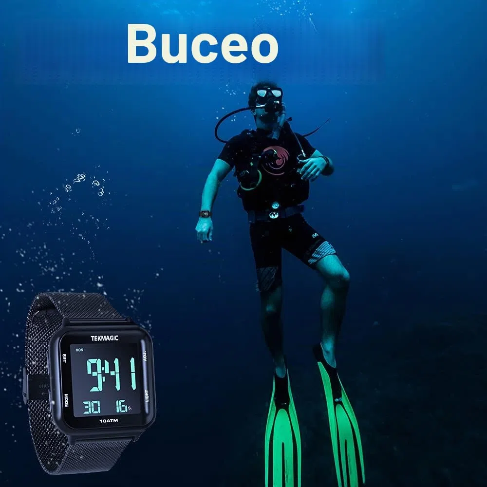Reloj Natación Sumergible Hombre Impermeable 100 Metros con Banda de Acero Inoxidable, Despertador, Cronometro, Hora Dual, Calendario, Formato de 12 o 24 Horas