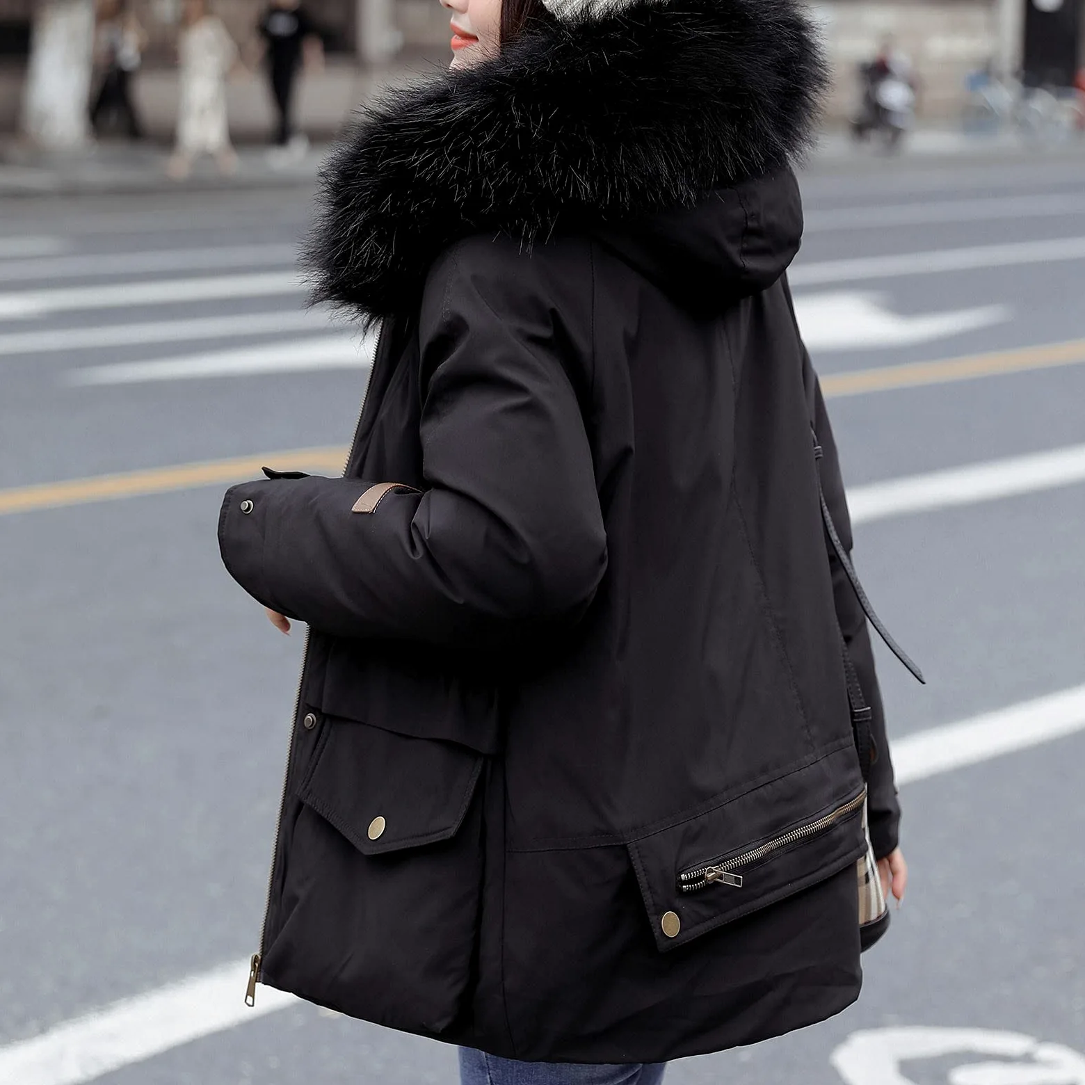 Chaqueta de invierno para mujer, moderna, cálida, acolchada, cortavientos, de piel sintética, parka con capucha, bolsillo corto, parka para exteriores, cortavientos, M - XXL