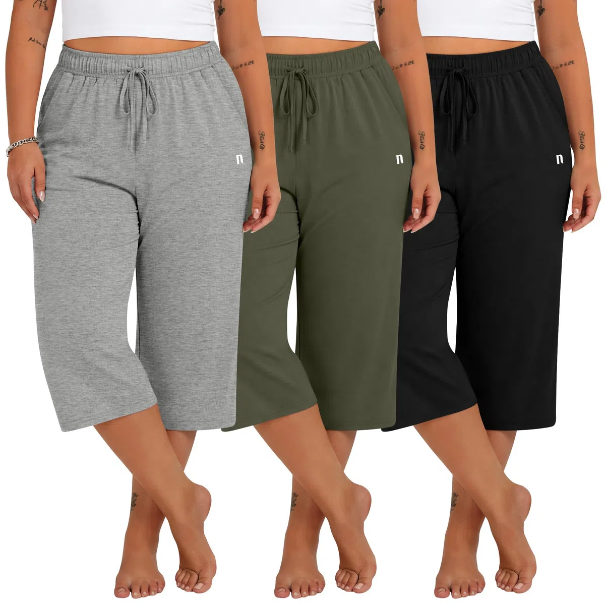 Neer Paquete de 3 Pantalones Capri de Talla Grande para Mujer, de Pierna Ancha y Corte Holgado, Estilo Casual, con Bolsillos
