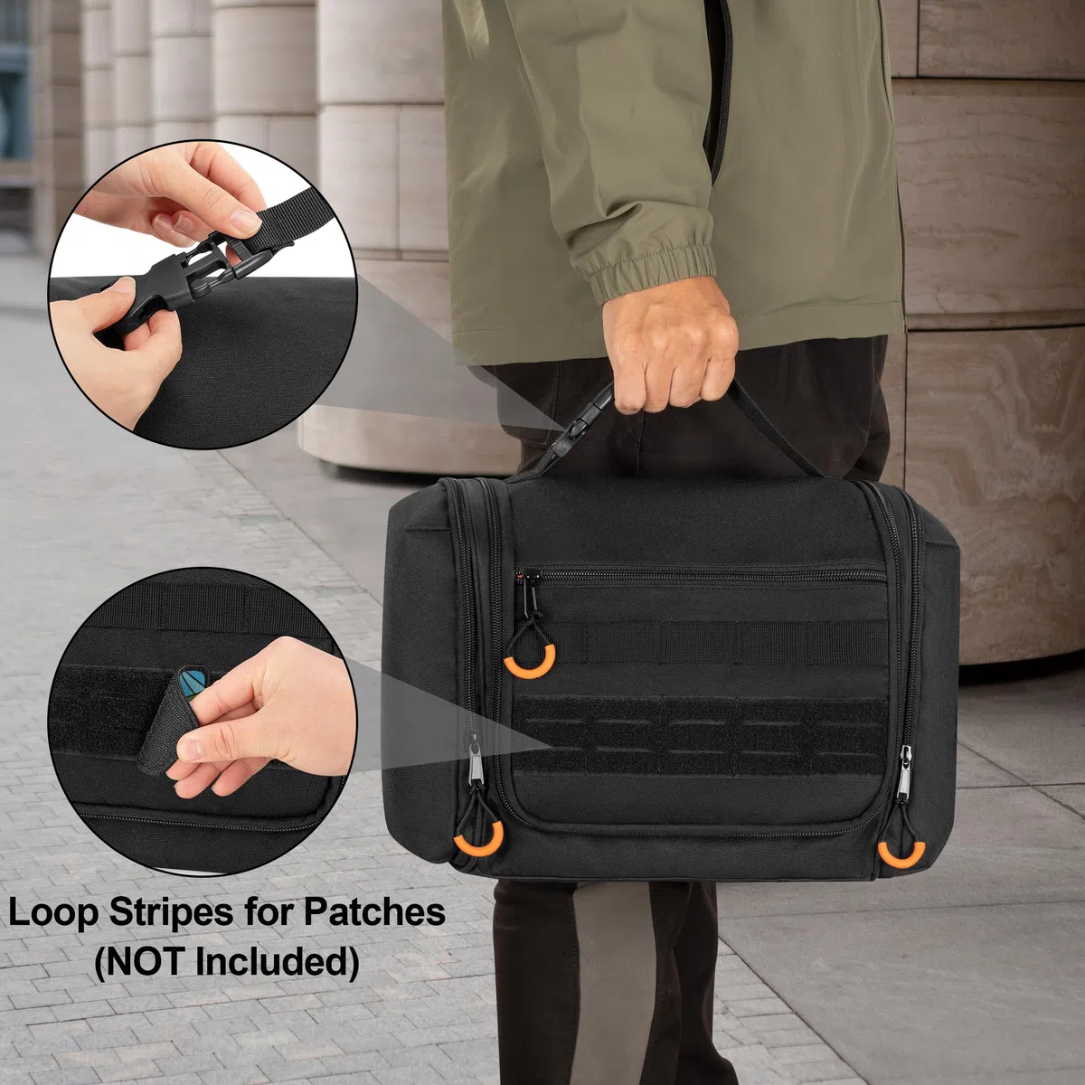 Neceser táctico de viaje para hombres, kit de aseo colgante, bolsa de higiene, organizador de ducha con gancho para artículos de tocador y cuidado del afeitado (bolsa vacía), Negro