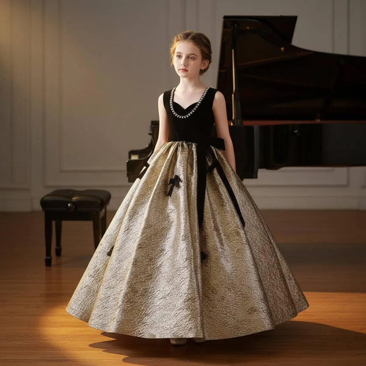 Vestido de Fiesta Negro y Dorado Faldón Dorada Brillante Vestido de Actuación Teclado Estilo Elegante Ropa Infantil para Niñas