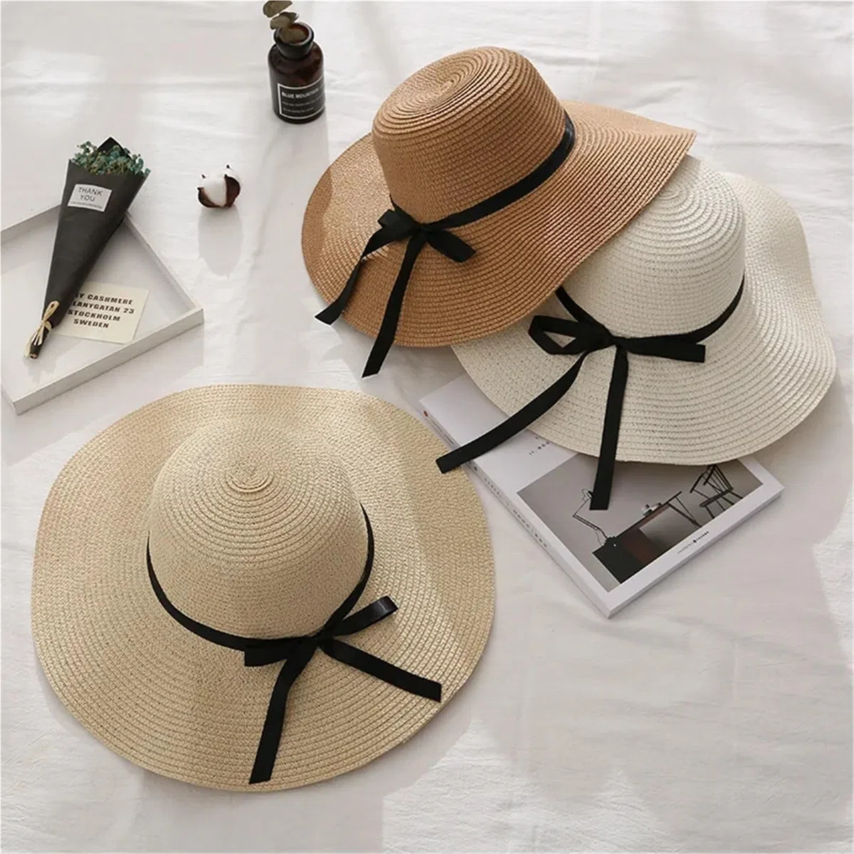 Sombrero Paja 1 Uds. Sombrero de Paja ala Ancha Verano a la Moda diseño Lazo Plegable Sol Playa for Mujer Estilo Coreano Accesorio Vacaciones Hecho a Mano | Beige