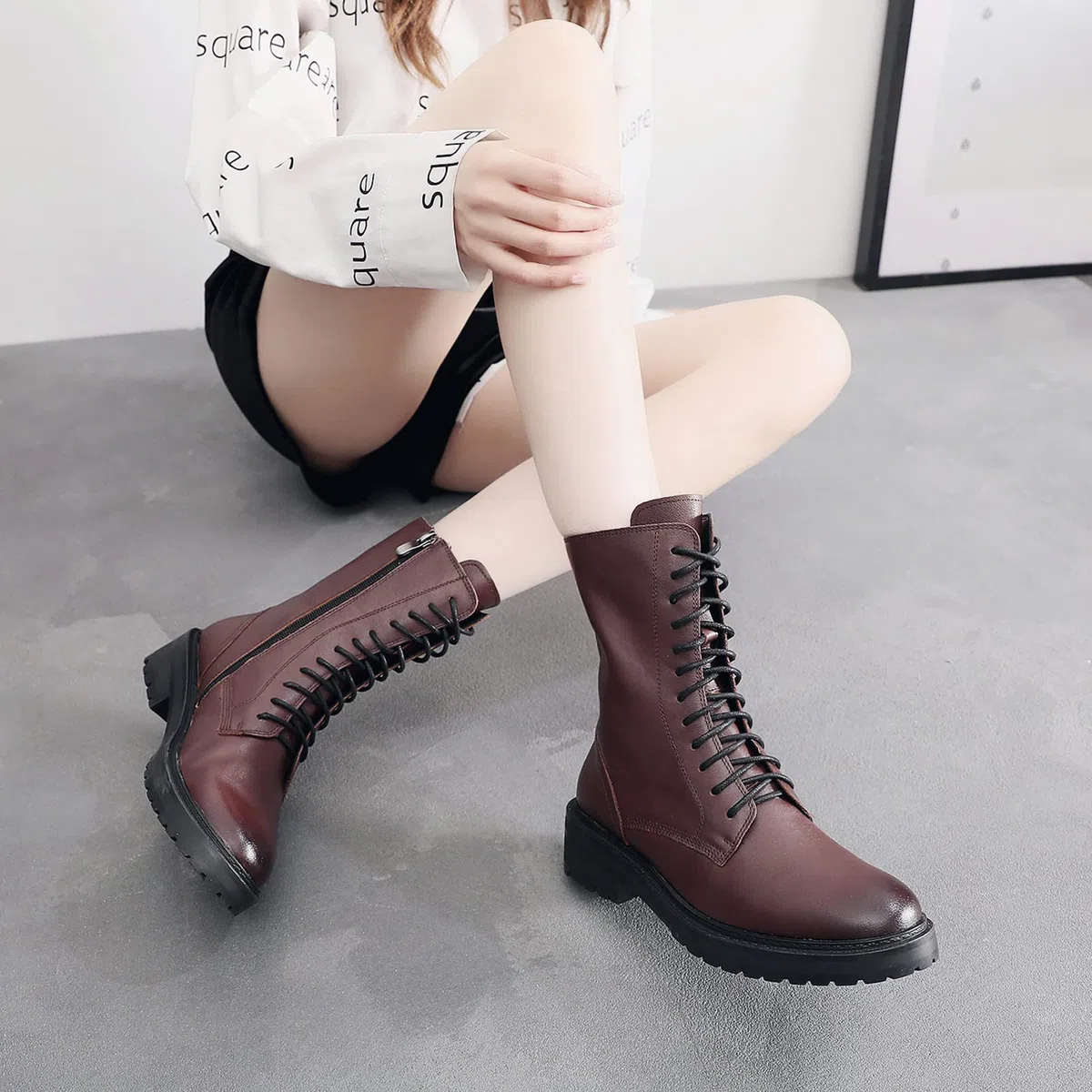 rismart Mujer Botas Militar Moteras Cuero Media pierna Invierno Guay Botines