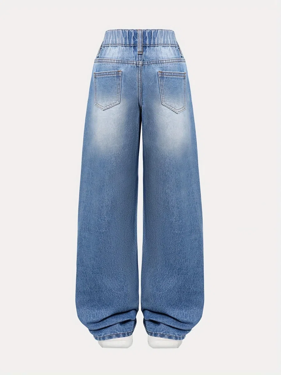 PantalóN NiñA-Pantalones Vaqueros Holgados De Pierna Ancha para NiñAs, Pantalones De Mezclilla con Cintura Alta EláStica, Lindos Pantalones con Lazo, Ropa De Calle Informal para NiñOs