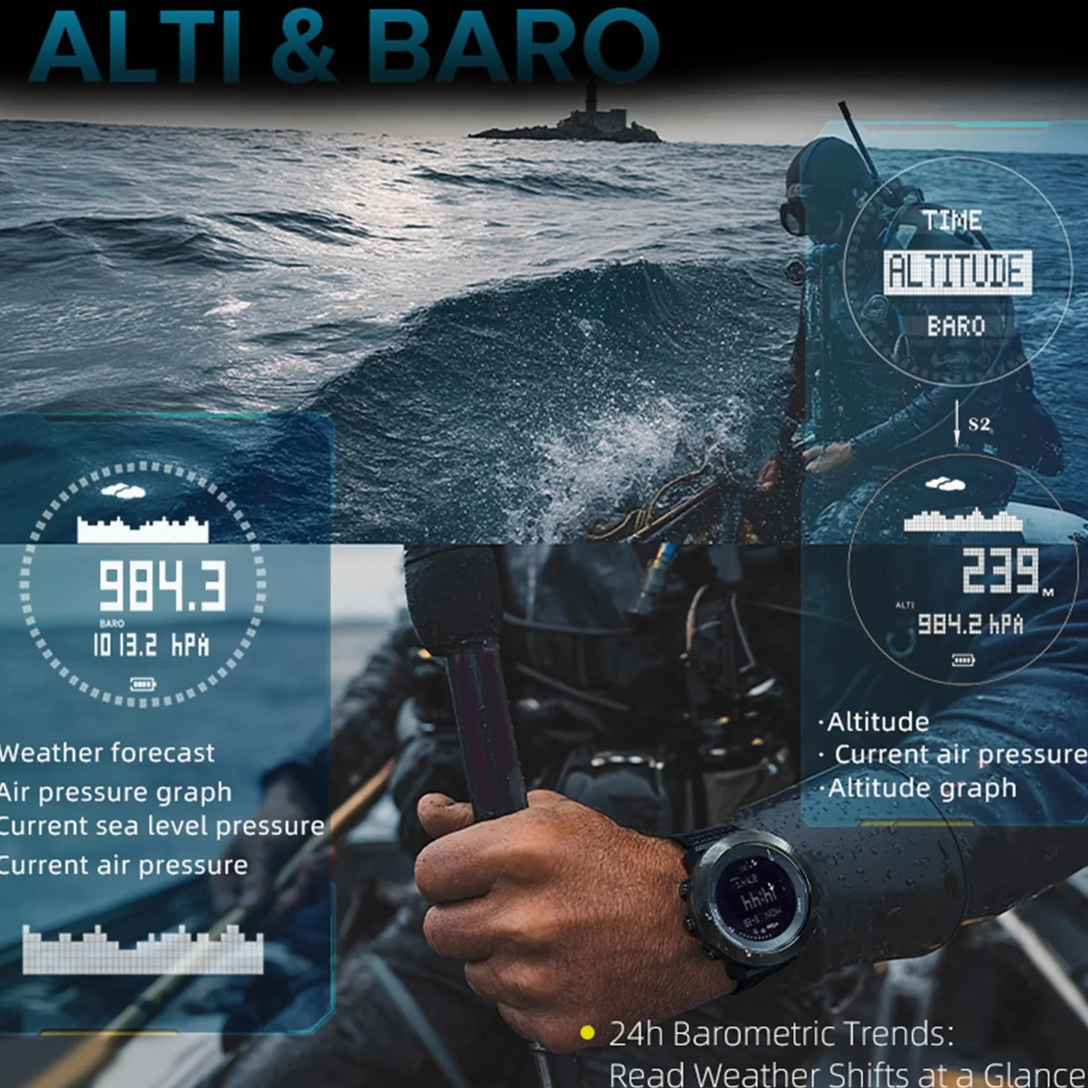 Reloj de Buceo, Computadora de Buceo Resistente Al Agua hasta 100 M, Reloj Deportivo Digital para Hombres con Brújula, Altímetro, Barómetro, Cronómetro, Temporizador de Cuenta Atrás,