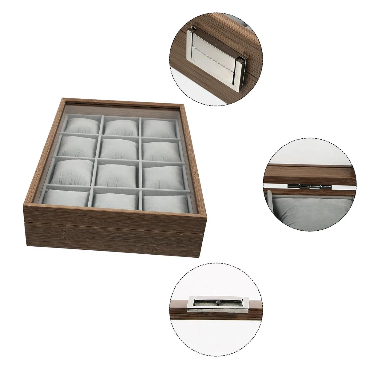 Caja organizadora de relojes de madera con 12 ranuras grandes y 12 almohadas suaves, ideal para joyas y uso personal