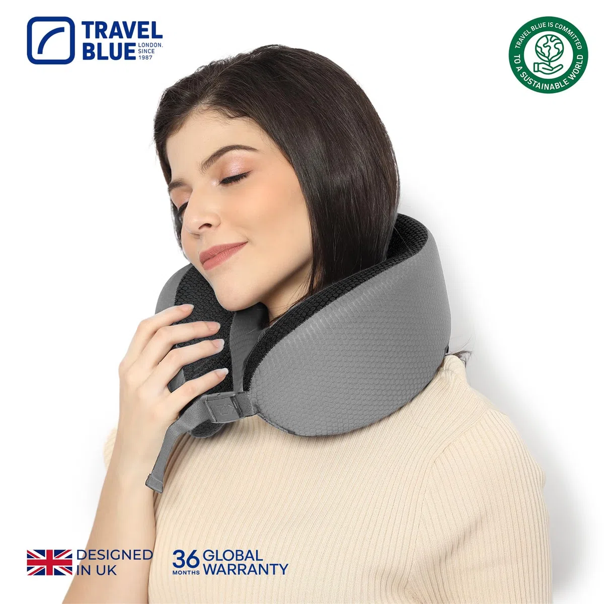 Travel Blue Dreamer Cojín cervical de avión – Almohada de espuma viscoelástica para viajes, cojín de viaje en avión con material de malla transpirable, funda extraíble, gran comodidad y apoyo (gris)