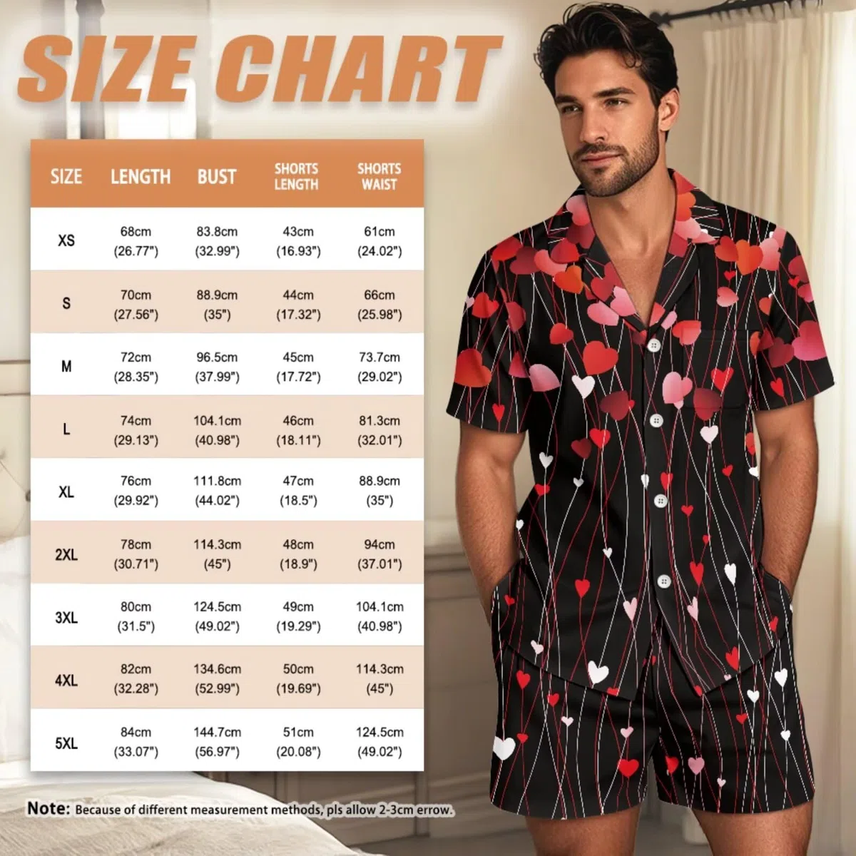 Conjunto de pijama a juego para parejas, de manga corta, con botones, ropa de dormir, Corazones rojos, XL
