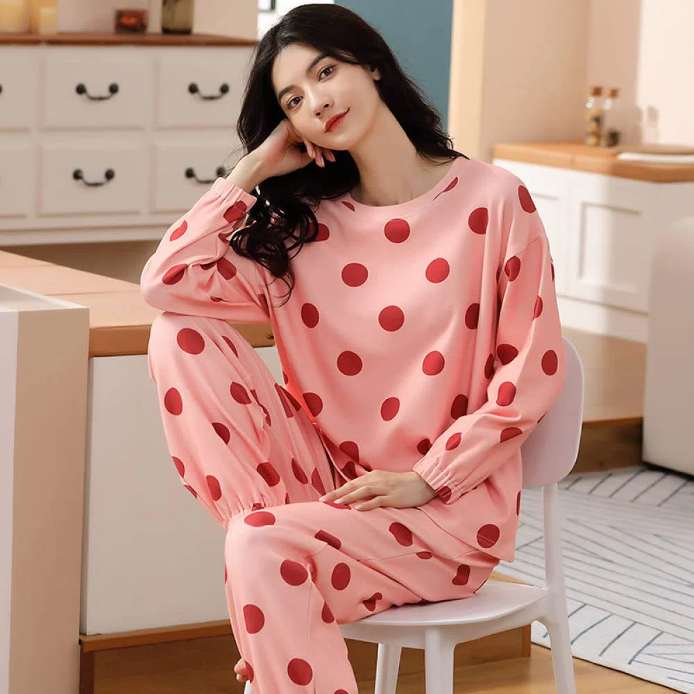 Pijamas Mujer,Conjuntos De Pijama Para Mujer Algodón Rosa Cuello Redondo Estampado De Lunares Clásico Acogedor Cálido Manga Larga Pjs Top & Amp; Conjunto De Pantalones Ropa De Dormir Ropa De Dorm