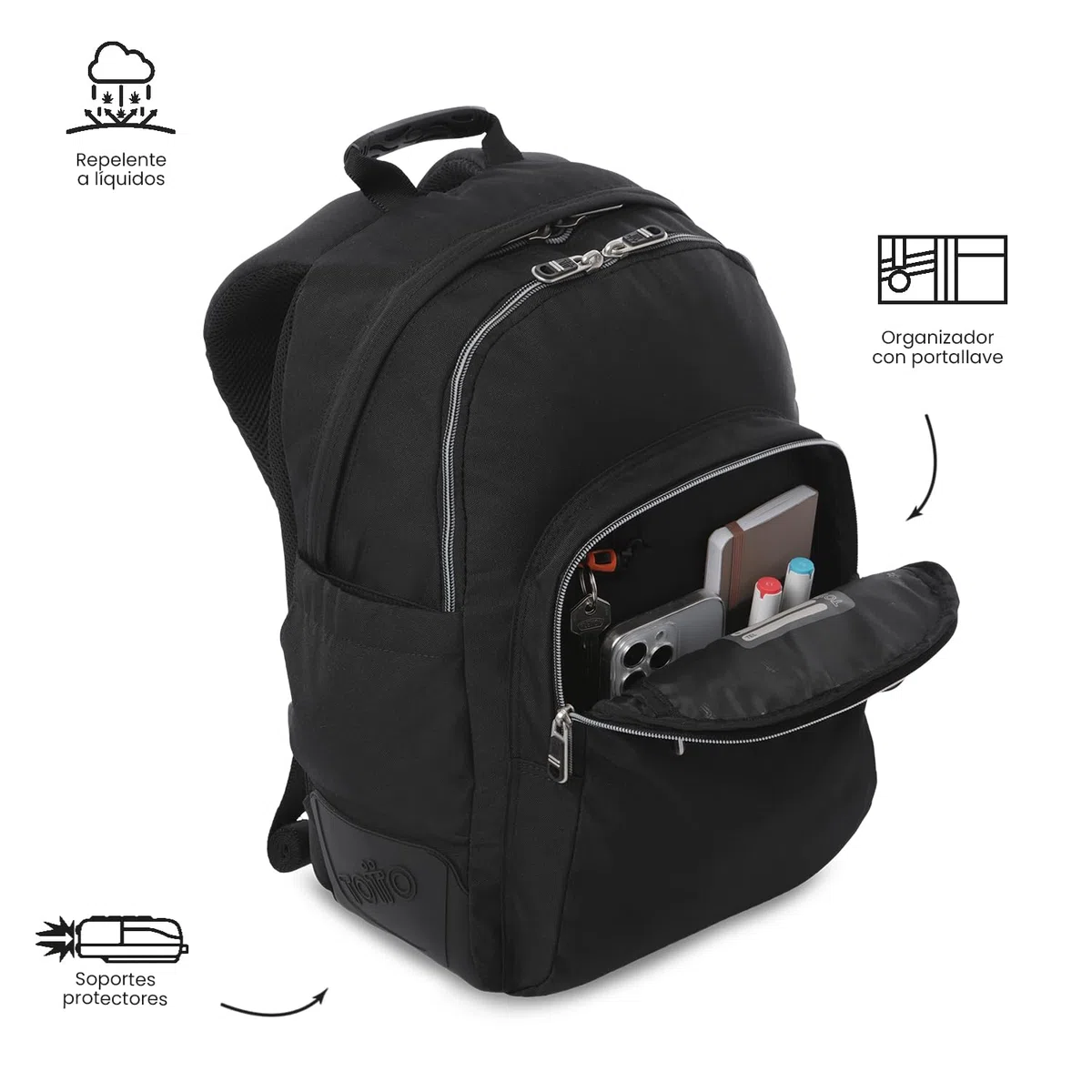 TOTTO - Mochila Escolar Grande, Modelo Rayol Ecole Solid, Capacidad 19 L, 3 Compartimentos, 2 Bolsillos Botella, Bolsillo PC 14", Espaldar Ergonómico con Flujo de Aire, Correas en S, Color Negro