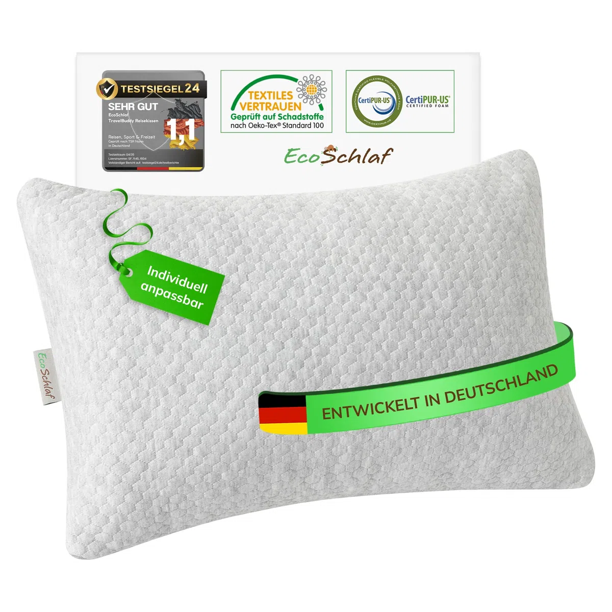 TravelBuddy - Almohada de viaje pequeña para el cuello para avión, camping, coche, autobús, tren, almohada de viaje ajustable de espuma viscoelástica, almohada ergonómica para exteriores y