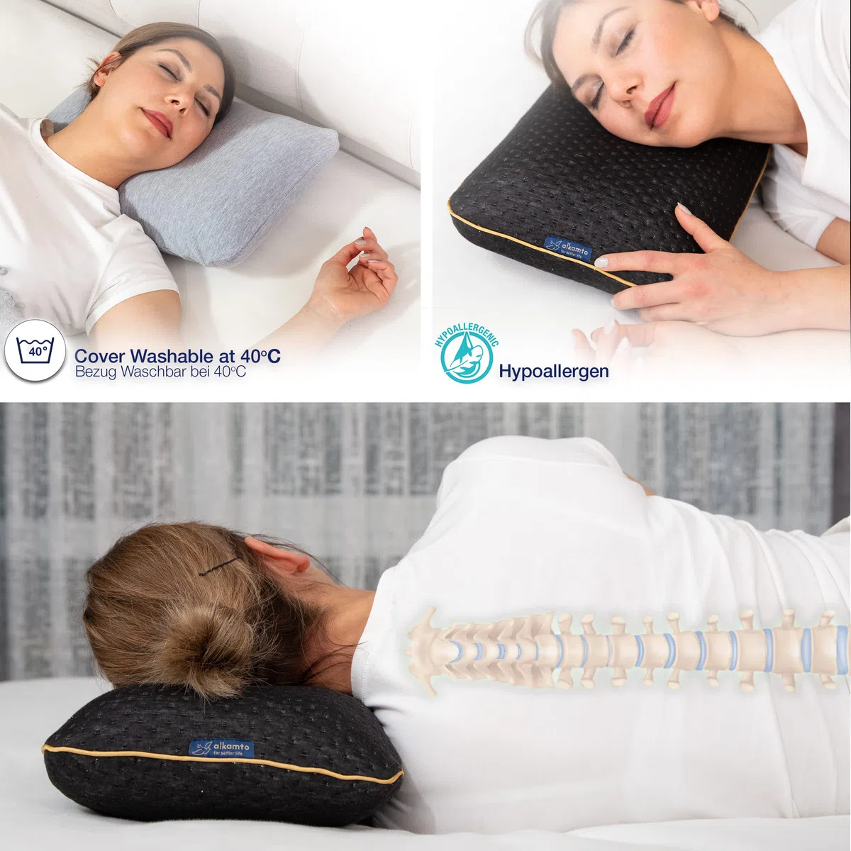 alkamto Almohada de Viaje Almohada de Camping – Espuma viscoelástica con Funda de algodón Adicional – Bolsa incluida (40 x 25 x 10 cm), Color Negro