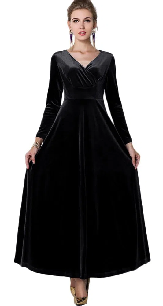 Urban GoCo Mujeres Vestidos Terciopelo Largo Elegante V-Cuello Manga Larga Maxi Vestidos para Cóctel Fiesta