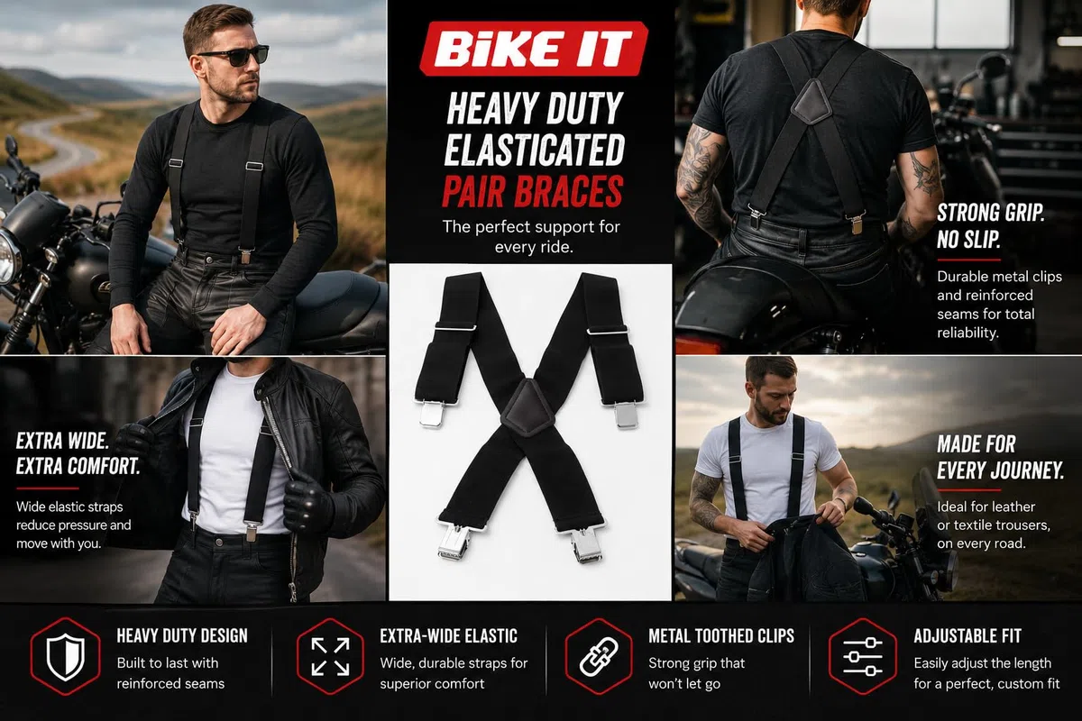 BIKEIT HEAVY DUTY ELASTICATED PAIR BRACES Motorbike Biker Rider Braces For Mens Pant Trouser