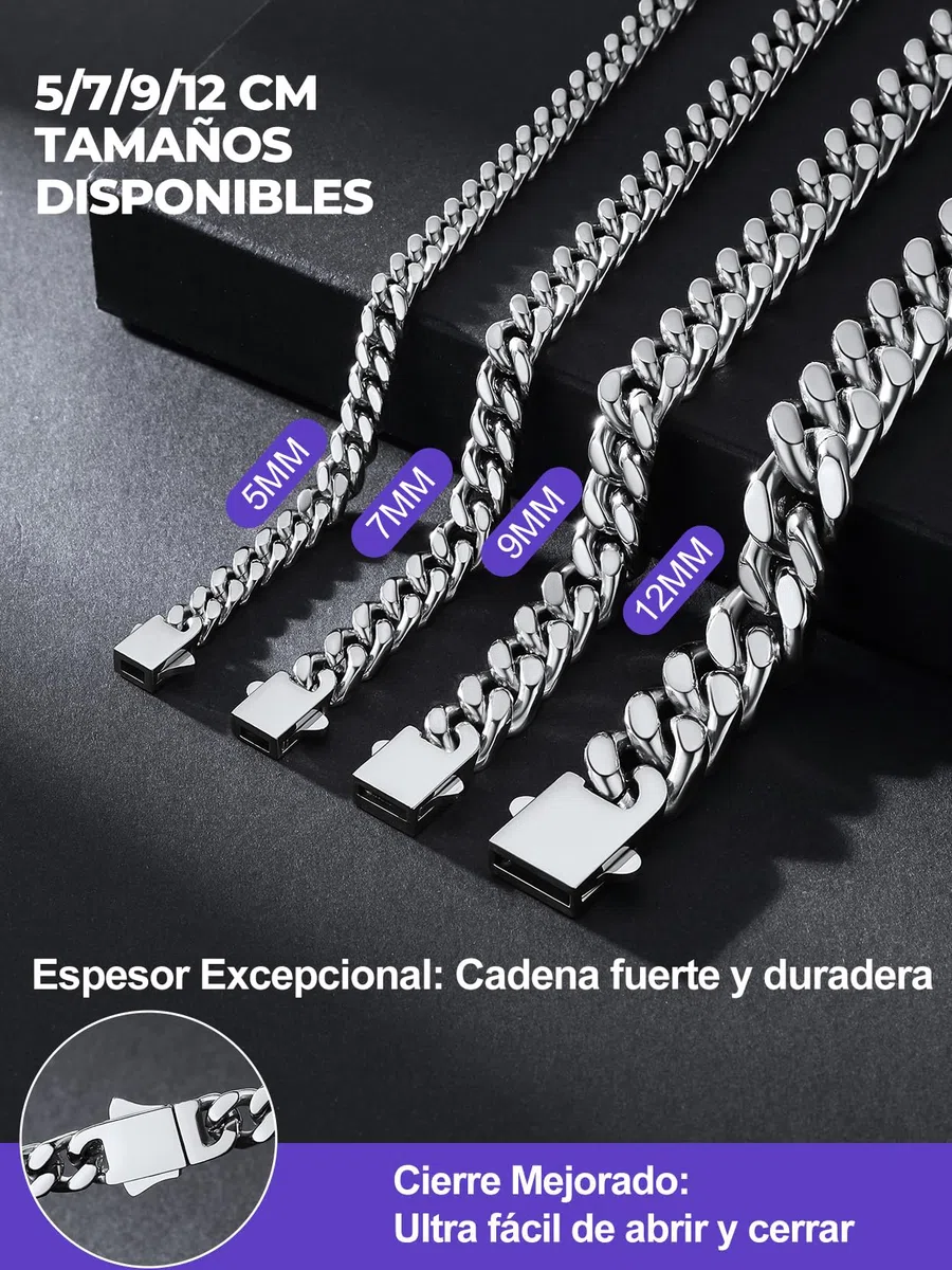 Richsteel Cadena Cubana Collar Hombre Acero Inoxidable 5mm/7mm/9mm/12mm Ancho Cadenas Eslabones Cubanos con Cierre de Presión Joyas de Hombres Mujeres 46cm-76cm Disponible