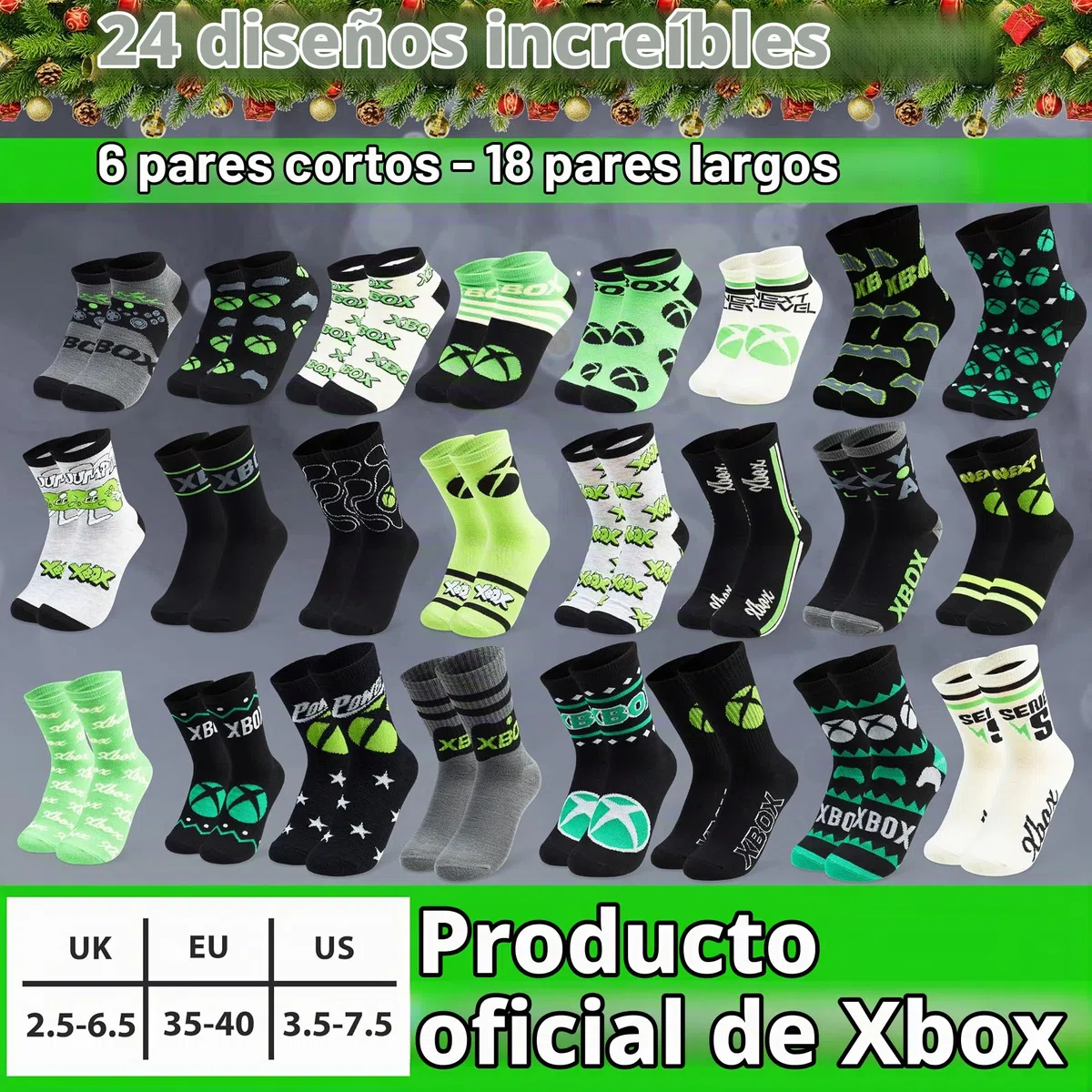 Get Trend Xbox Calendario Adviento 2025 con 24 Pares Calcetines Originales para Niños Adolescentes, 35-40, Diseños Videojuegos Divertidos (Verde Xbox)