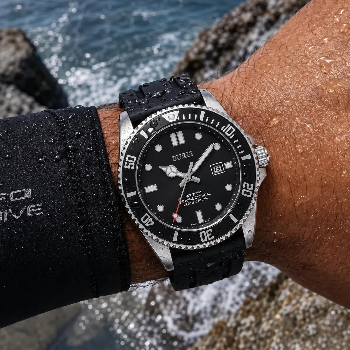 BUREI - Reloj de Buceo para Hombre, Resistente al Agua hasta 200 m, Cuarzo analógico, de Acero Inoxidable, de Moda, clásico, para Trabajo y Negocios, con Fecha automática